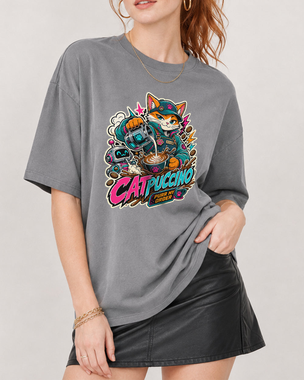 Catpuccino, Purr My Order Streetwear Graphic T-Shirt in Gray, front model view 3