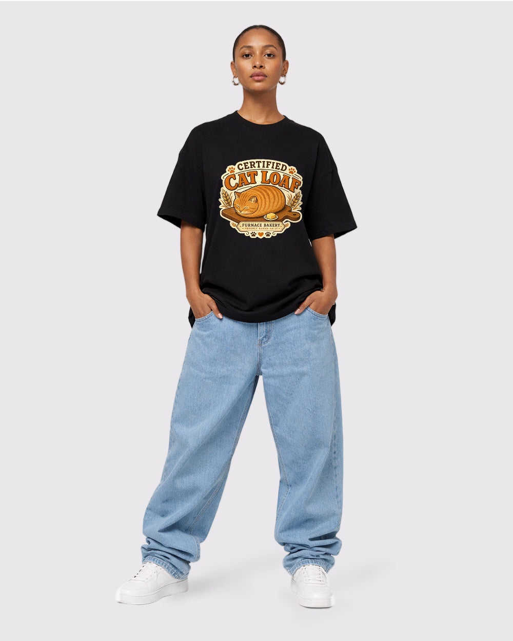 Certified Cat Loaf, Freshly Baked Daily Animal Graphic T-Shirt, full body fit view, image 2