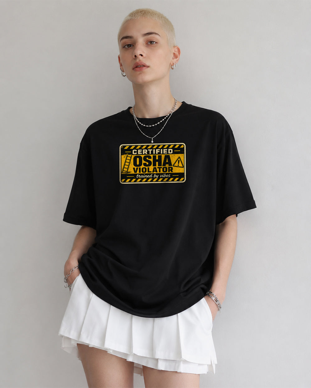 Certified OSHA Violator Pop Culture Graphic T-Shirt in Black, front model view 1