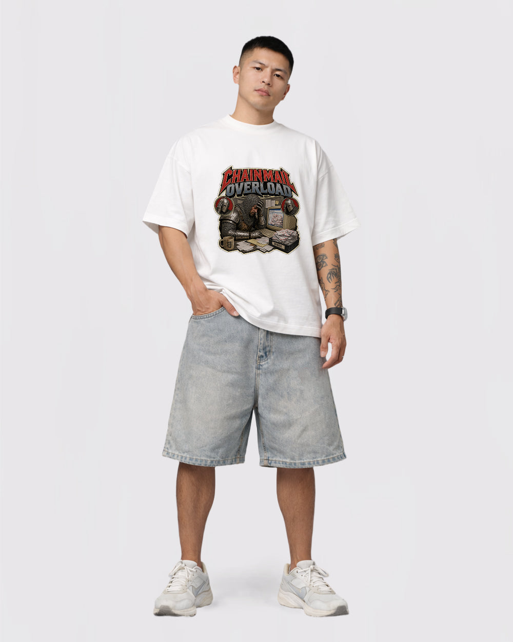 Chain Mail Overload Pop Culture Graphic T-Shirt, full body fit view, image 2