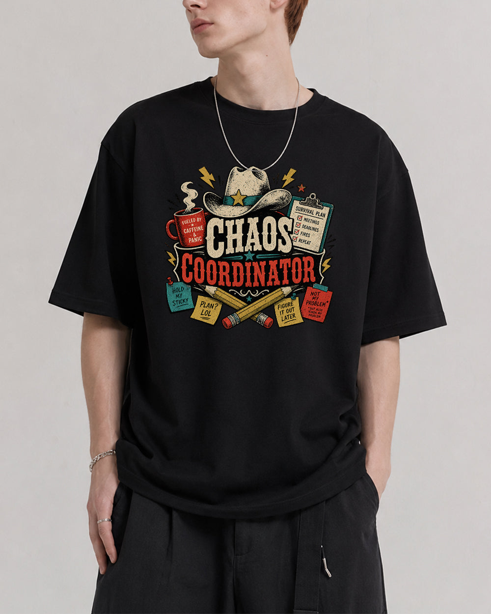 Chaos Coordinator Retro Graphic T-Shirt in Black, front model view 1