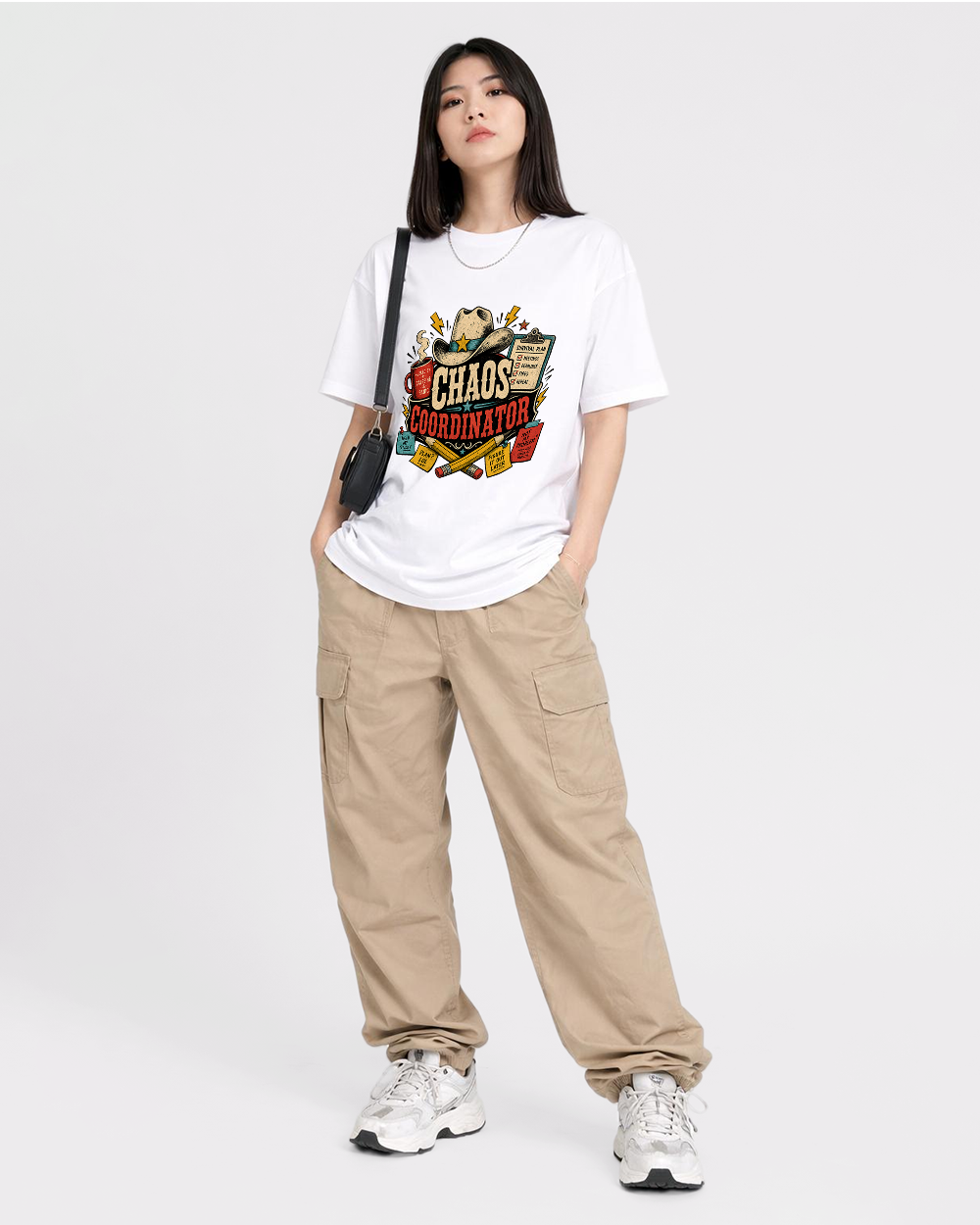 Chaos Coordinator Retro Graphic T-Shirt, full body fit view, image 2
