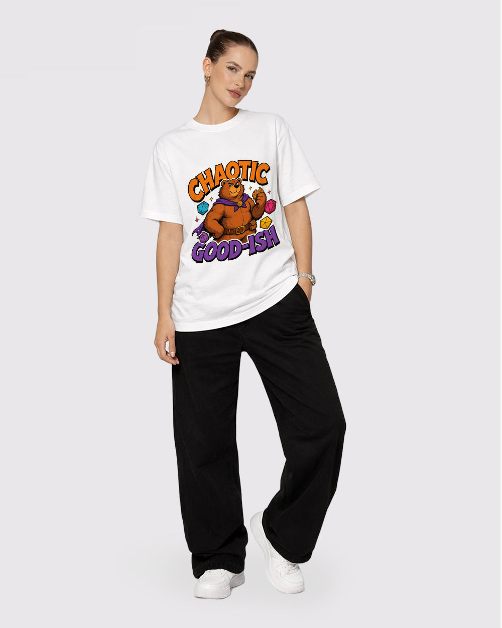 Beige Chaotic Good-ish Graphic T-Shirt full body fit view 2 image
