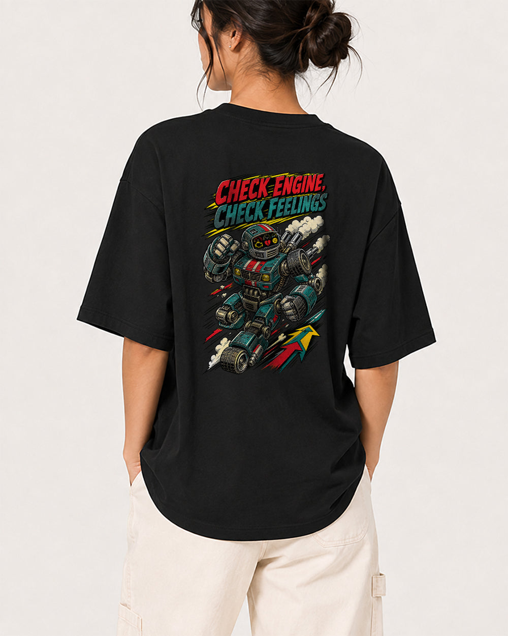 Check Engine Check Feelings Gaming Graphic T-Shirt in Black, back model view 1