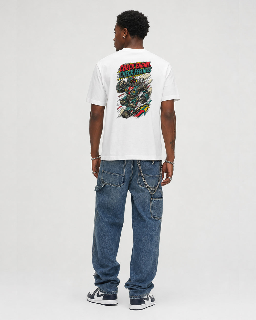 Check Engine Check Feelings Gaming Graphic T-Shirt in White, back model view 4