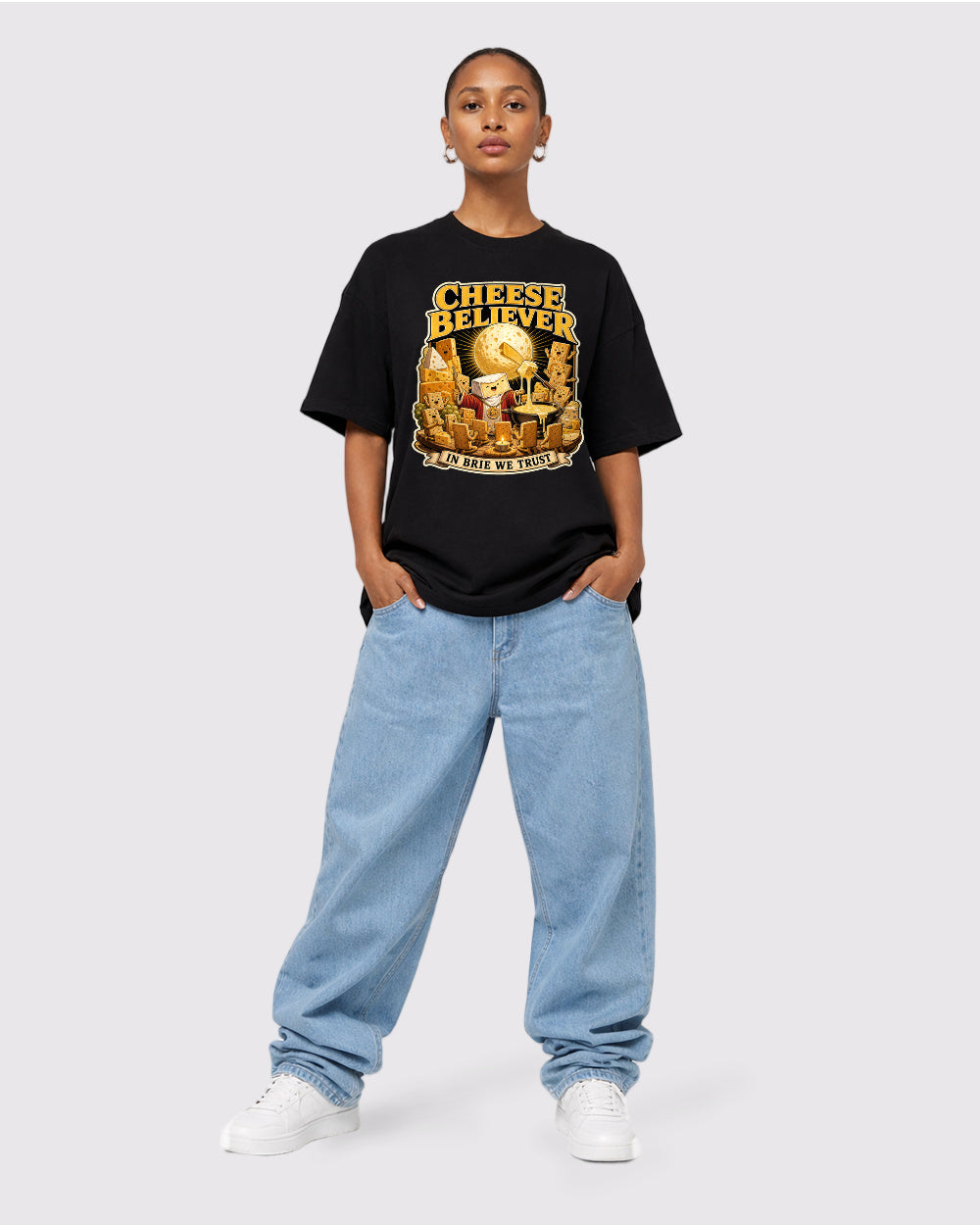 Cheese Believer Food Graphic T-Shirt, full body fit view, image 2