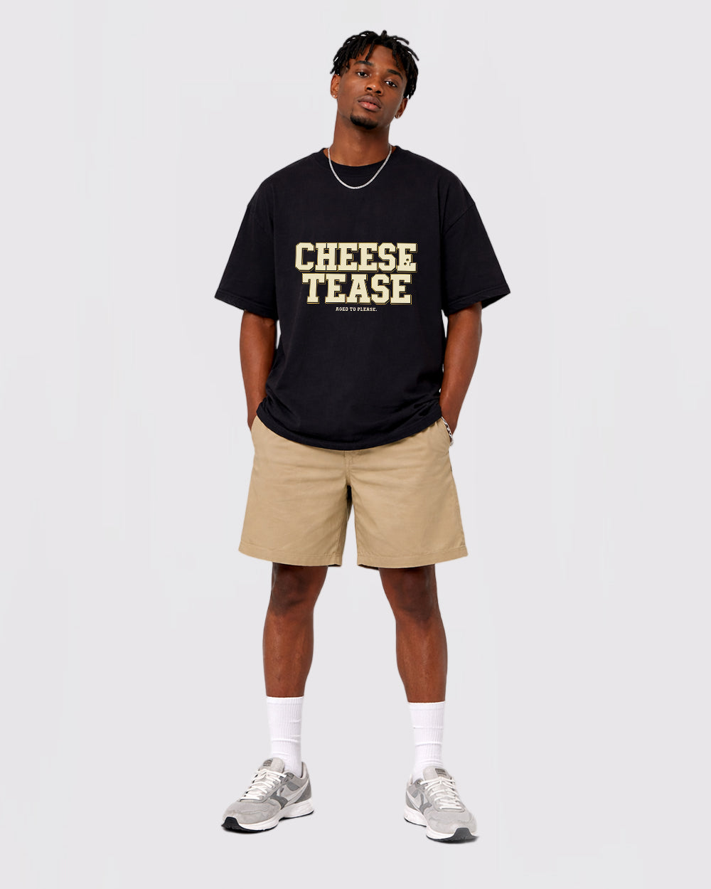 Beige Cheese Please Graphic T-Shirt full body fit view 2 image