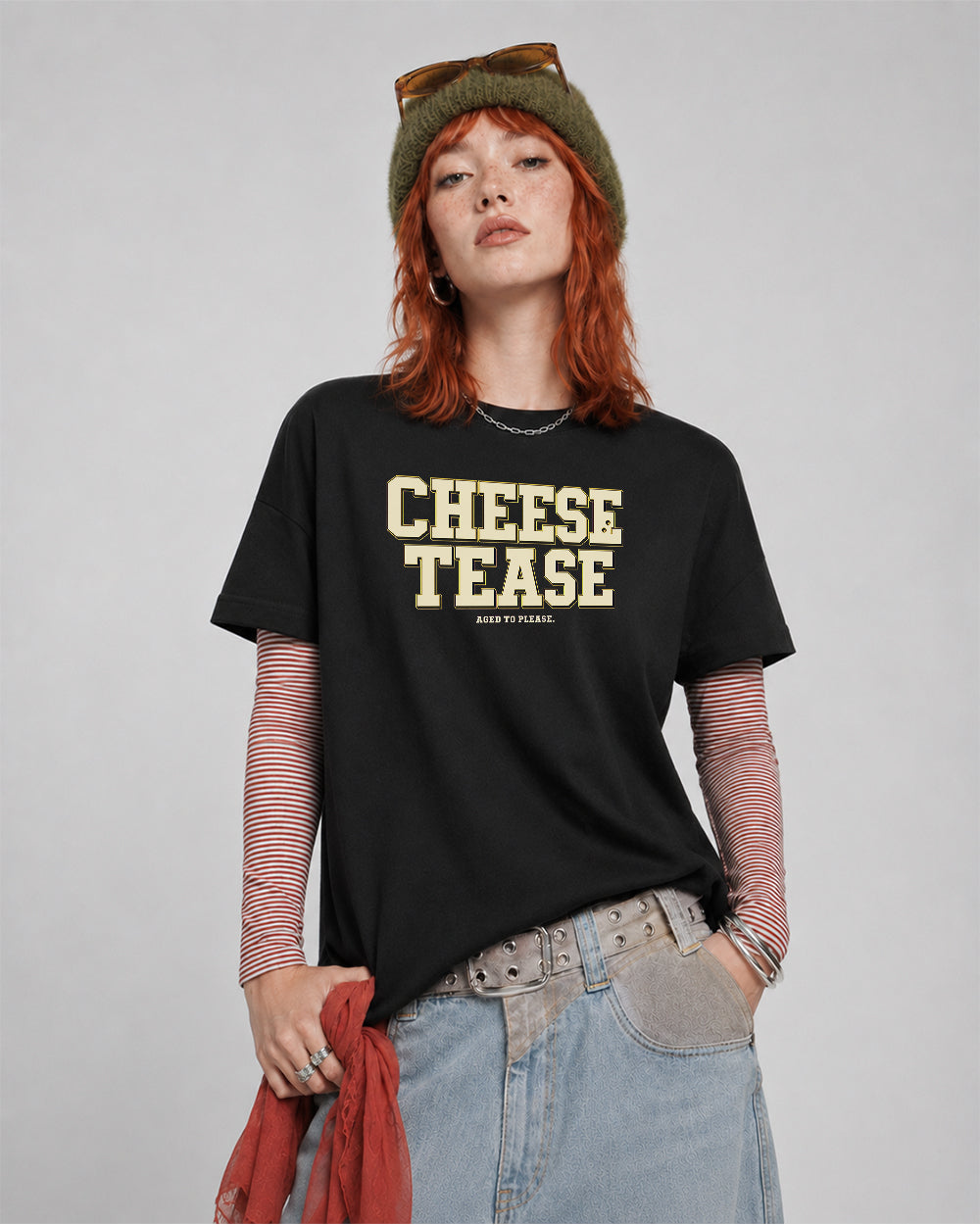 Cheese Please Graphic T-Shirt in Black, front model view 1