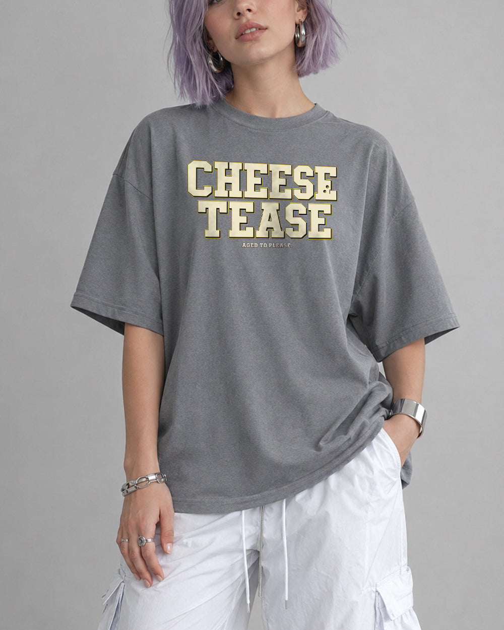 Cheese Please Graphic T-Shirt in Gray, front model view 3