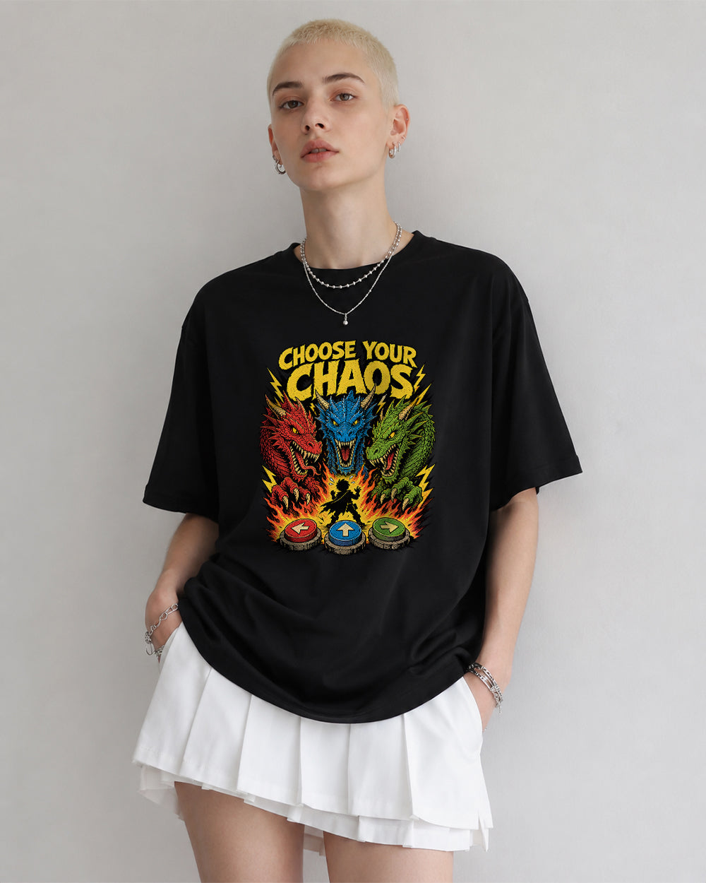 Choose Your Chaos Retro Graphic T-Shirt in Black, front model view 1