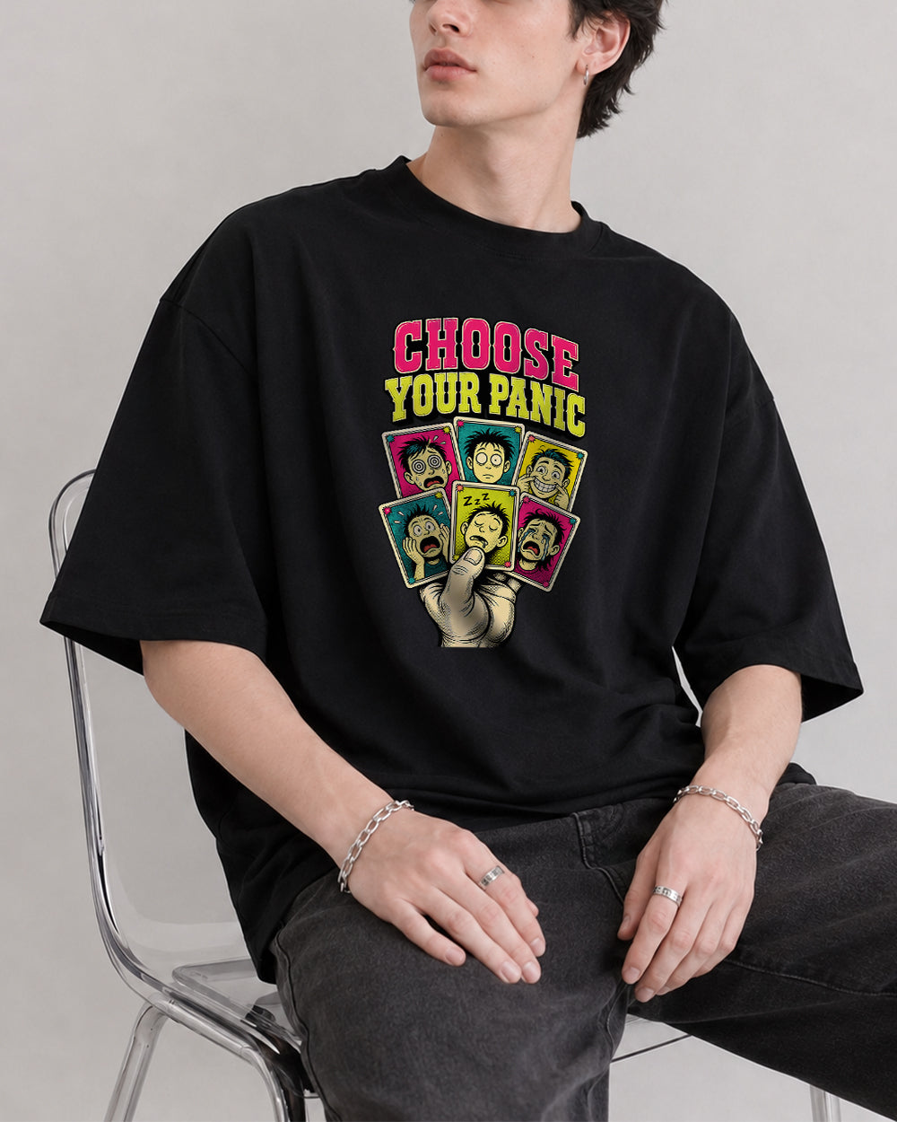Choose Your Panic Graphic T-Shirt in Black, front model view 1