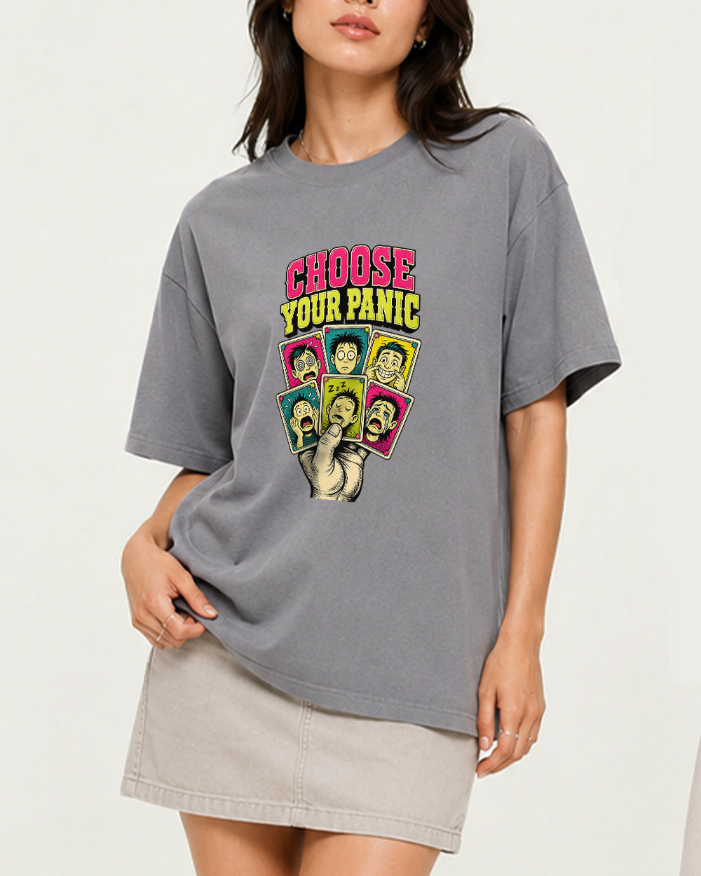 Choose Your Panic Graphic T-Shirt in Gray, front model view 4