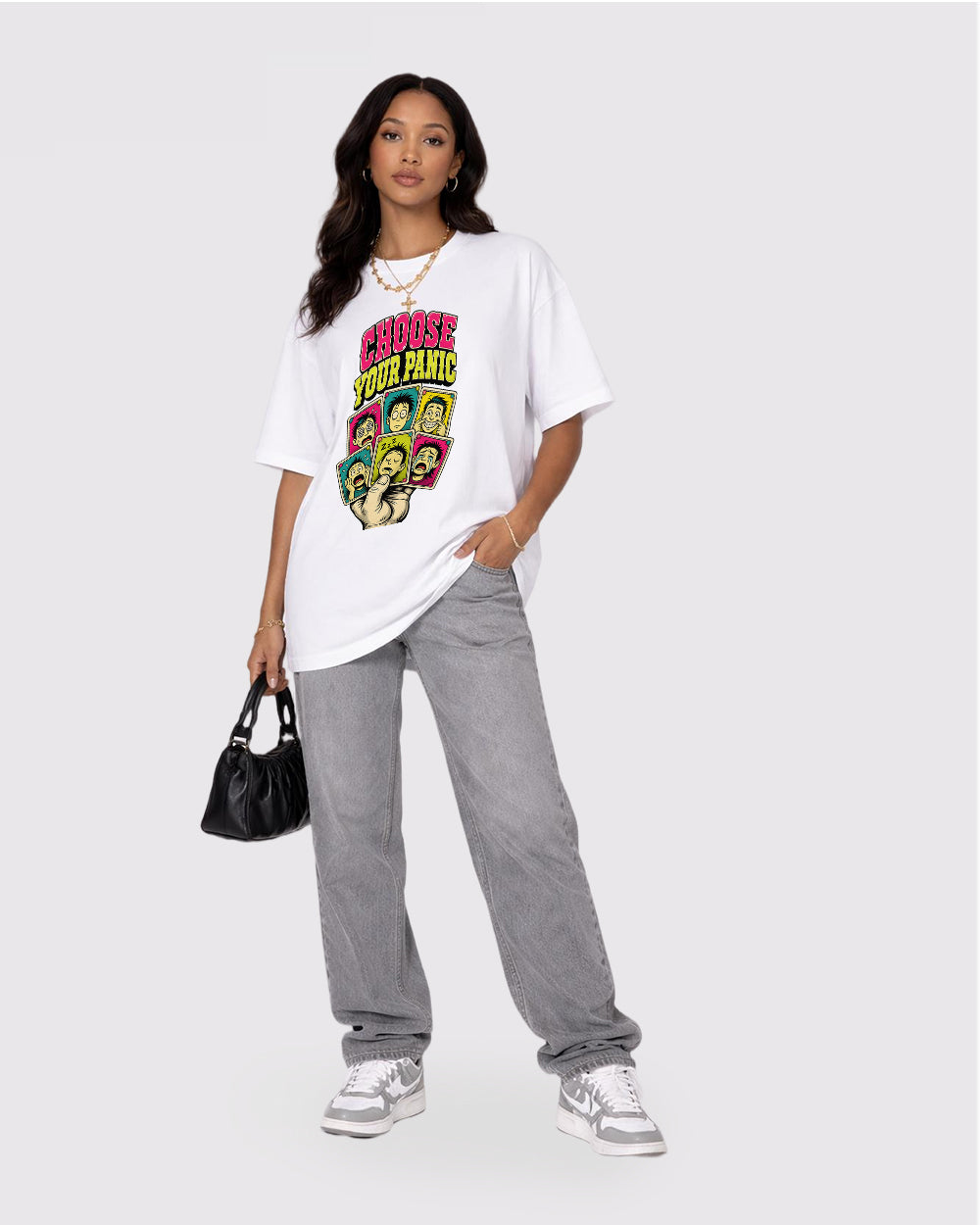 Choose Your Panic Pop Culture Graphic T-Shirt, full body fit view, image 2