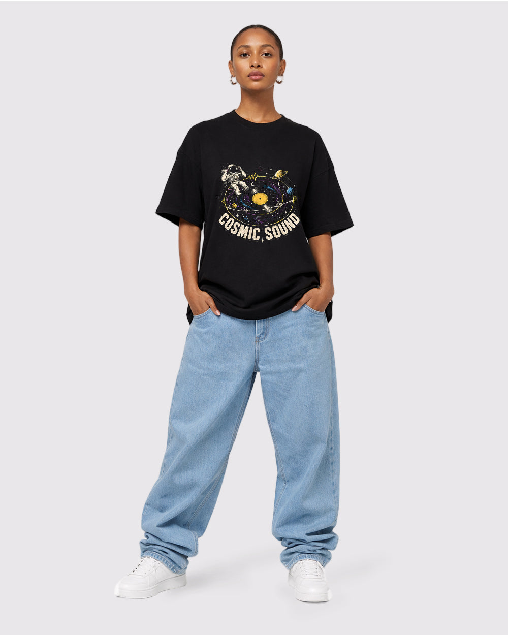 Cosmic Sound Pop Culture Graphic T-Shirt, full body fit view, image 2