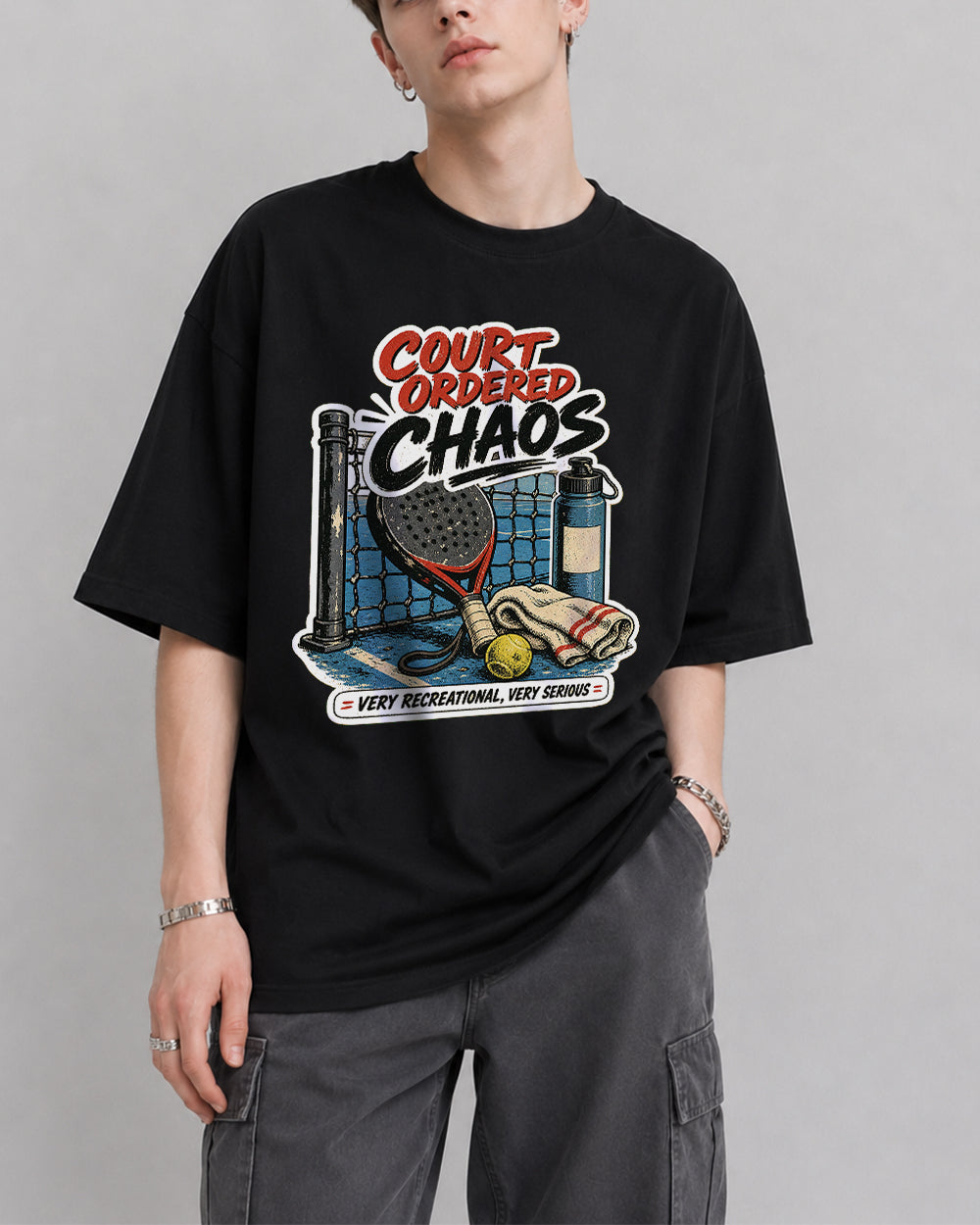 Court Ordered Chaos Retro Graphic T-Shirt in Black, front model view 1