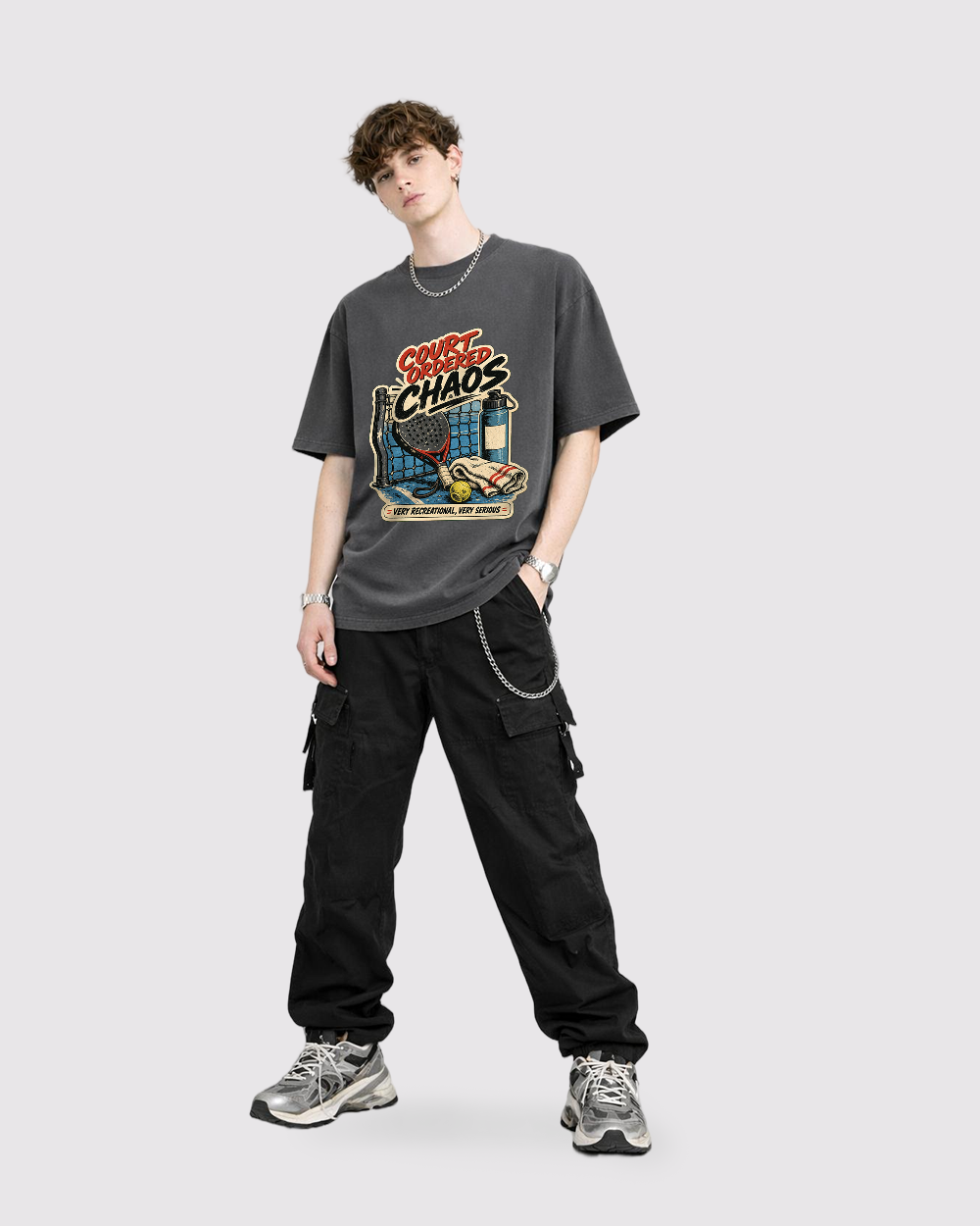 Court Ordered Chaos Retro Graphic T-Shirt, full body fit view, image 2