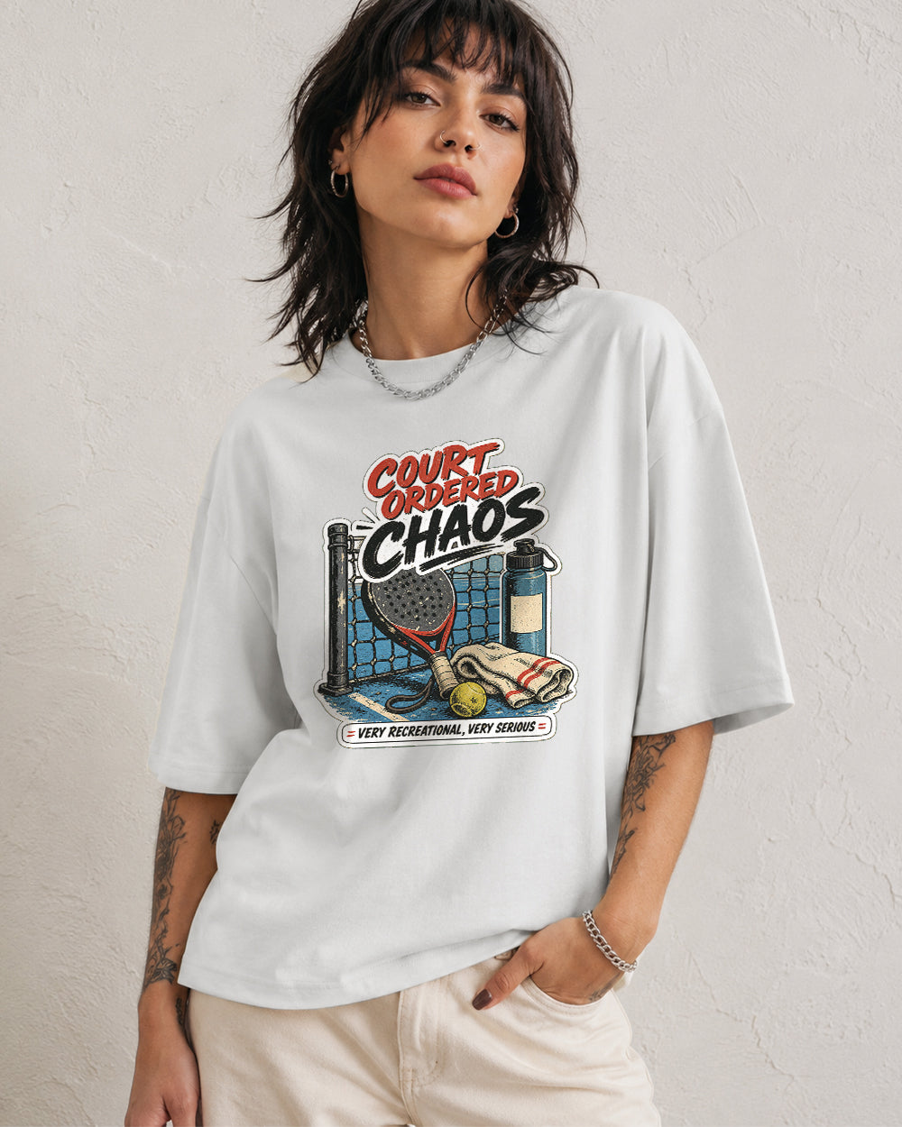 Court Ordered Chaos Retro Graphic T-Shirt in White, front model view 7