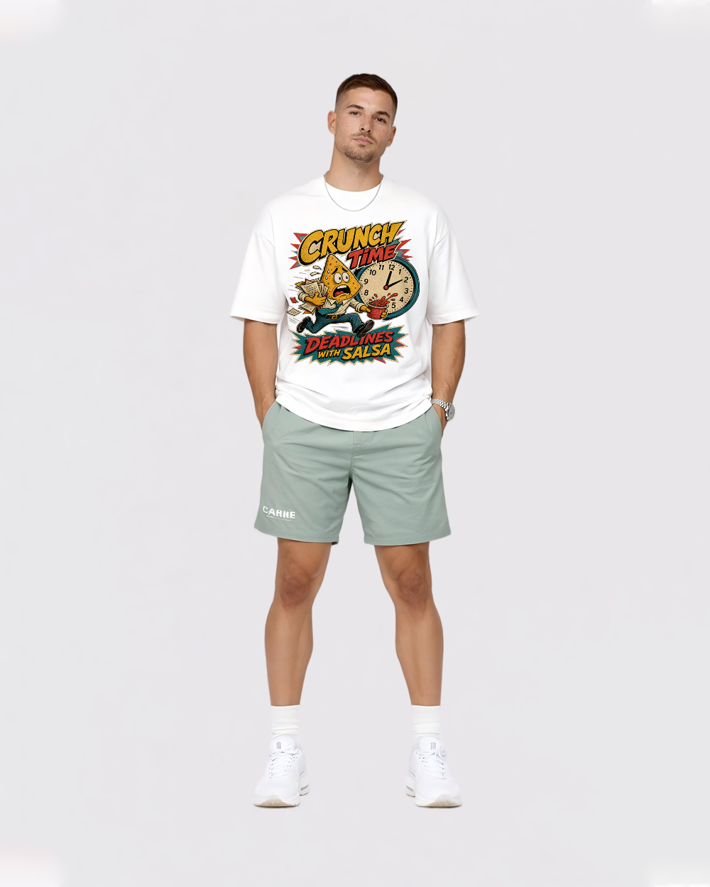Crunch Time Deadlines with Salsa Retro Graphic T-Shirt, full body fit view, image 2