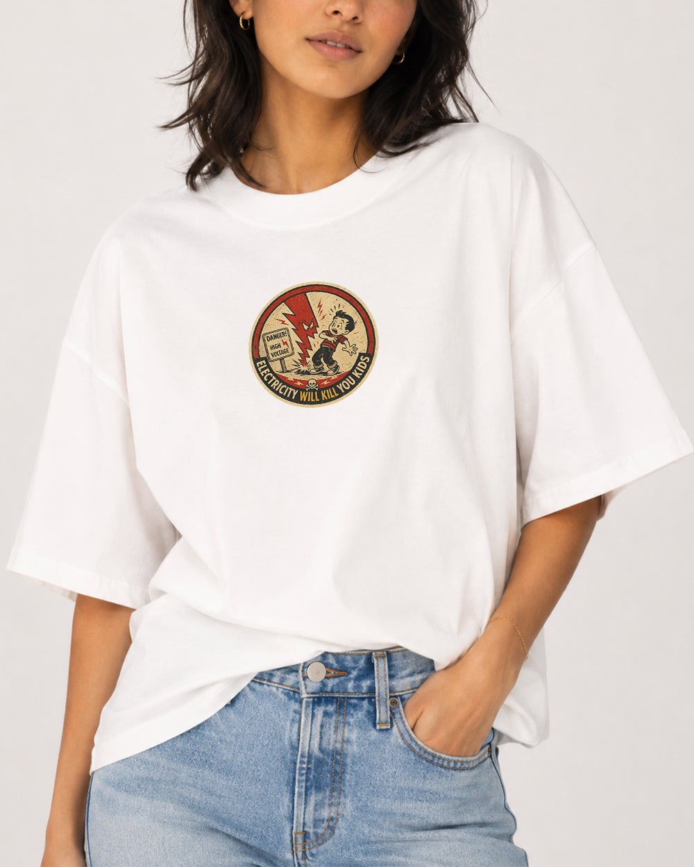 Danger High Voltage Pop Culture Graphic T-Shirt in White, front model view 7