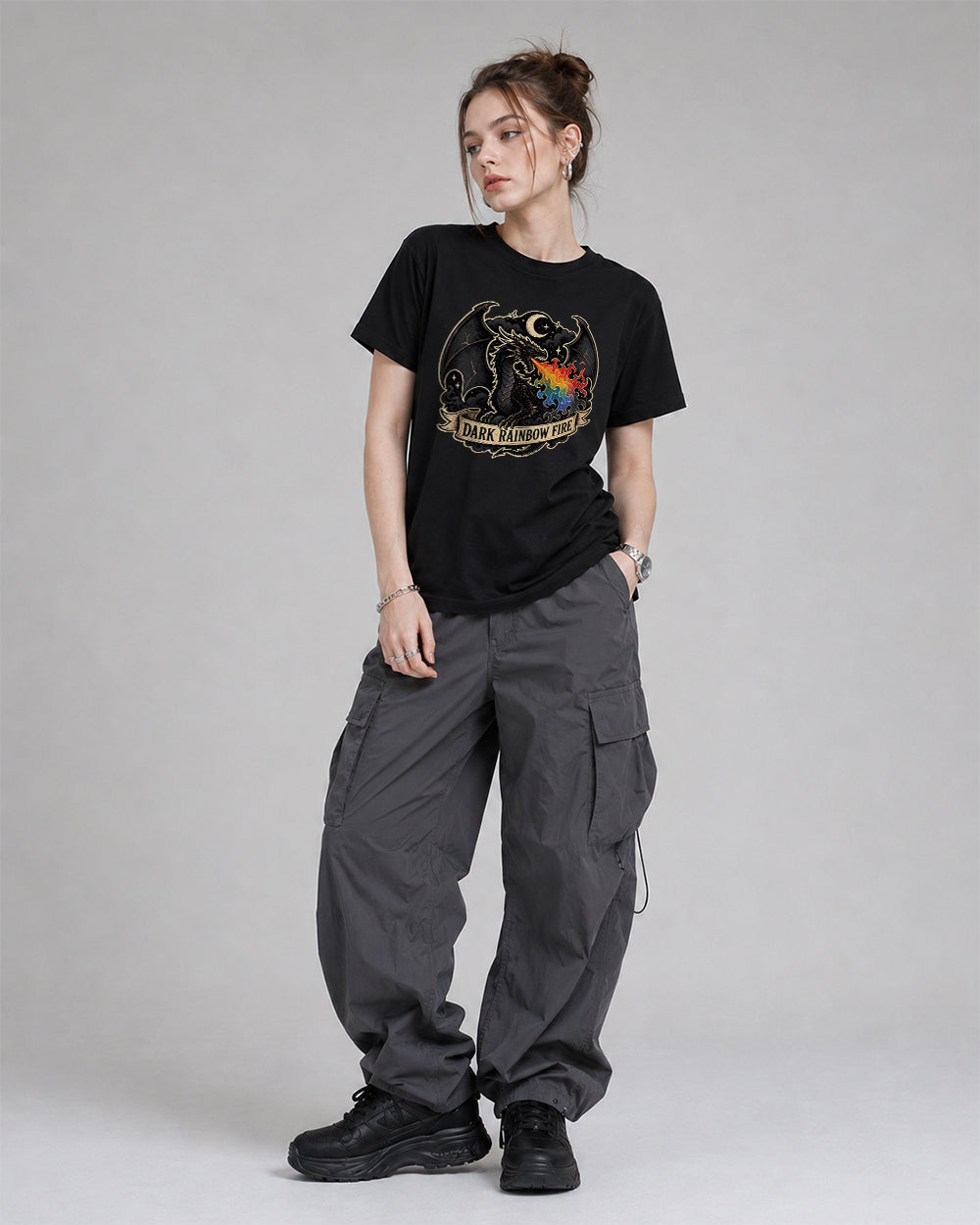 Dark Rainbow Fire Dark Graphic T-Shirt in Black, front model view 1