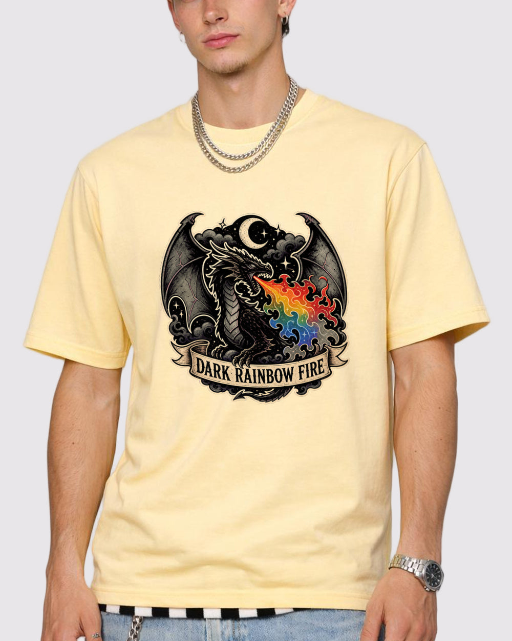 Dark Rainbow Fire Dark Graphic T-Shirt, primary front view, image 1