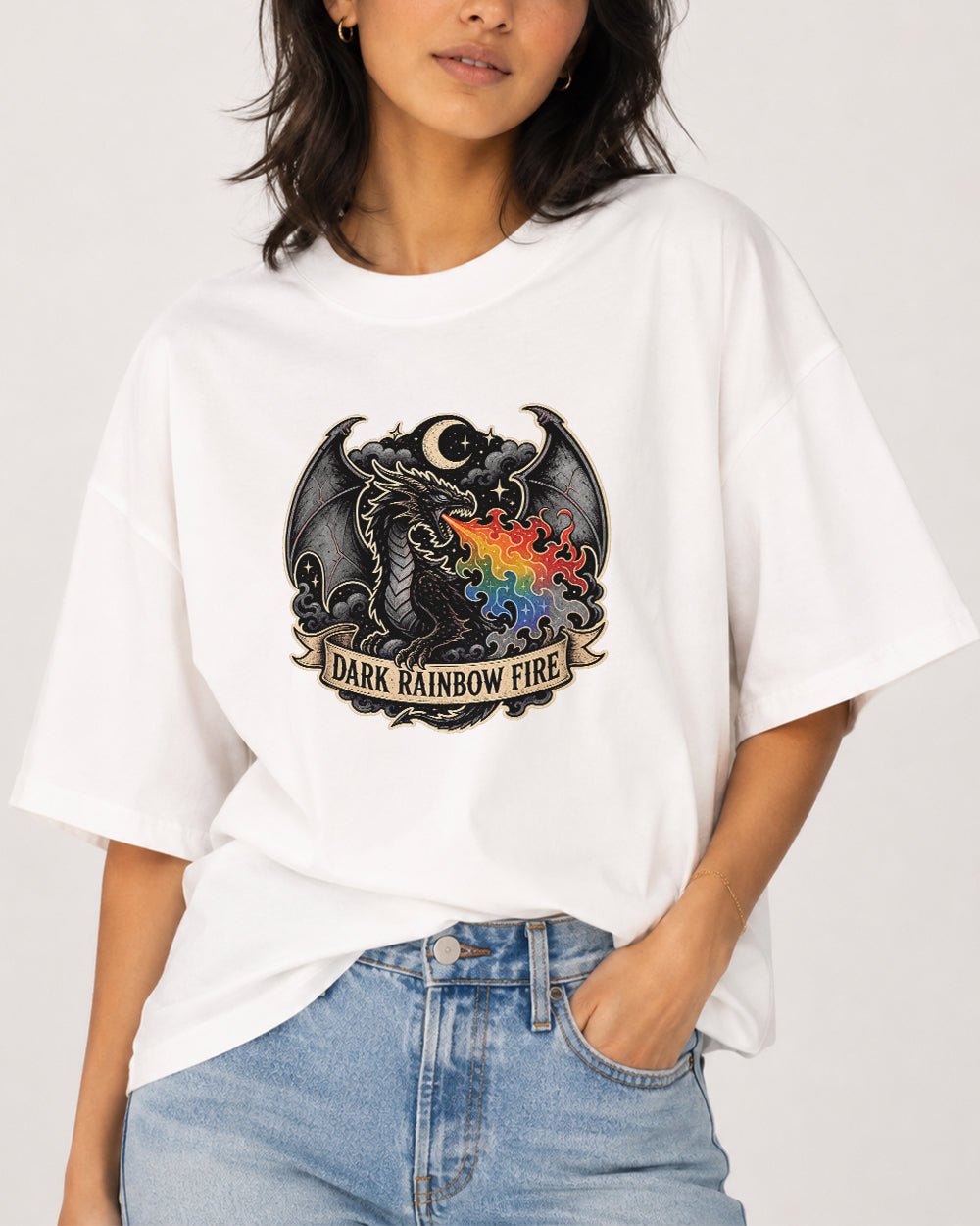 Dark Rainbow Fire Dark Graphic T-Shirt in White, front model view 2