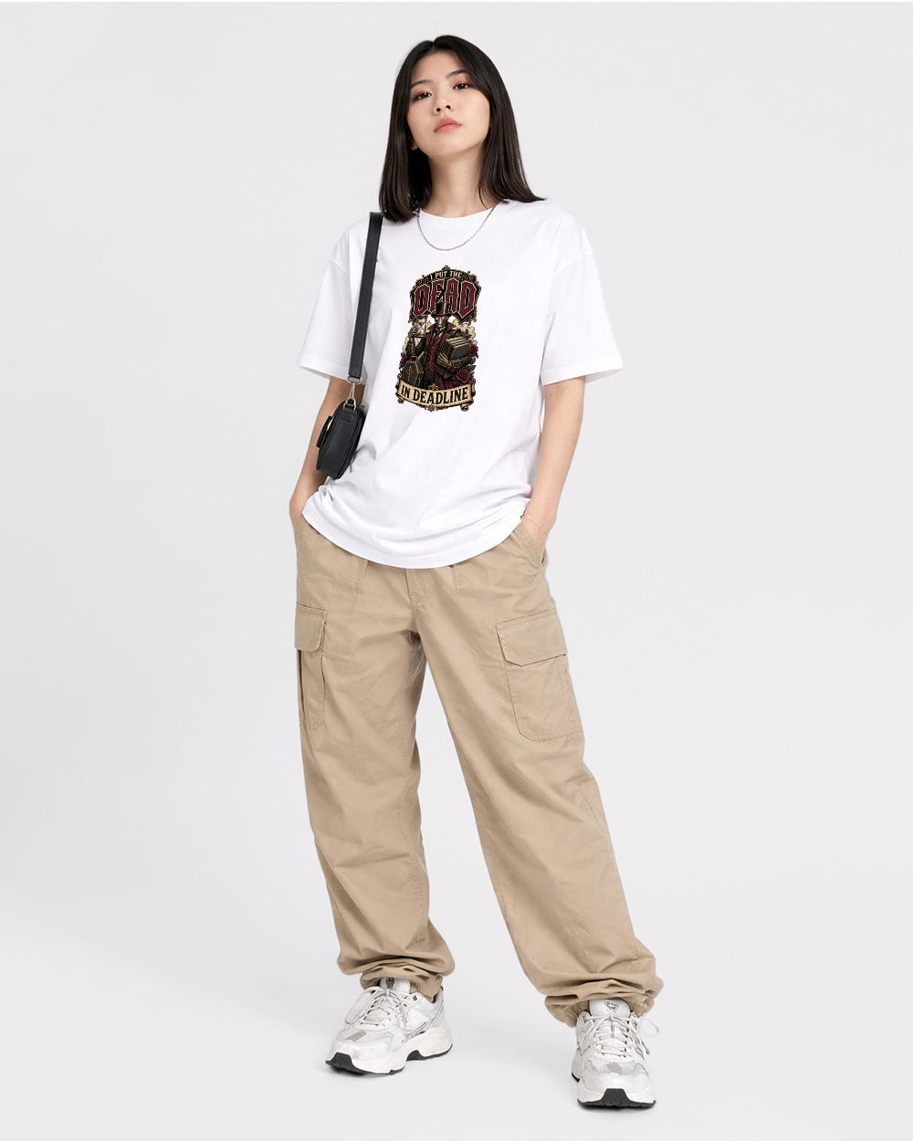 Dead On Deadline Dark Graphic T-Shirt, full body fit view, image 2