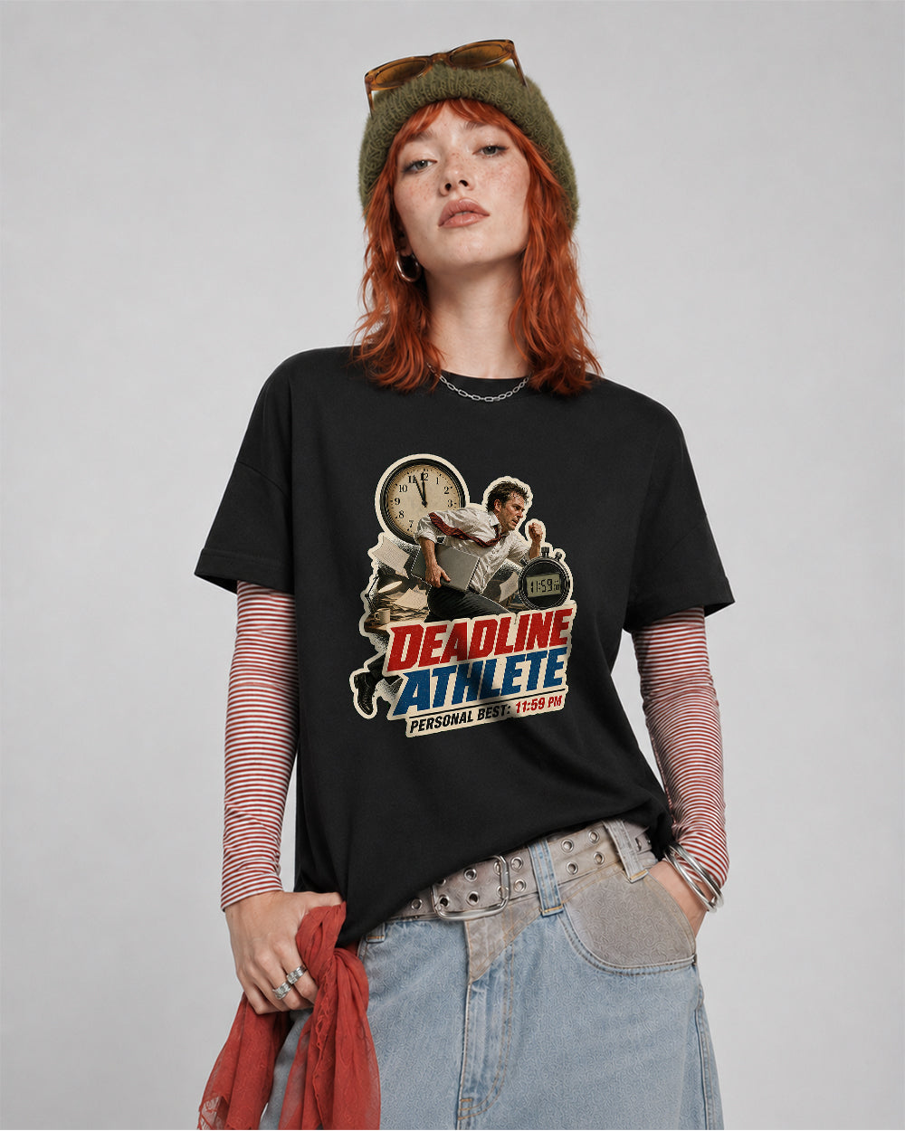 Deadline Athlete, Personal Best 11:59 PM Pop Culture Graphic T-Shirt in Black, front model view 1