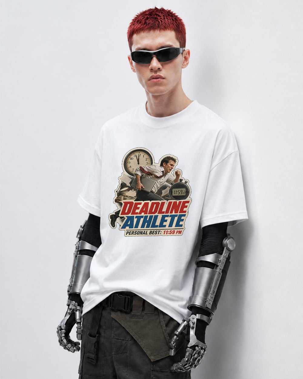 Deadline Athlete, Personal Best 11:59 PM Pop Culture Graphic T-Shirt in White, front model view 7