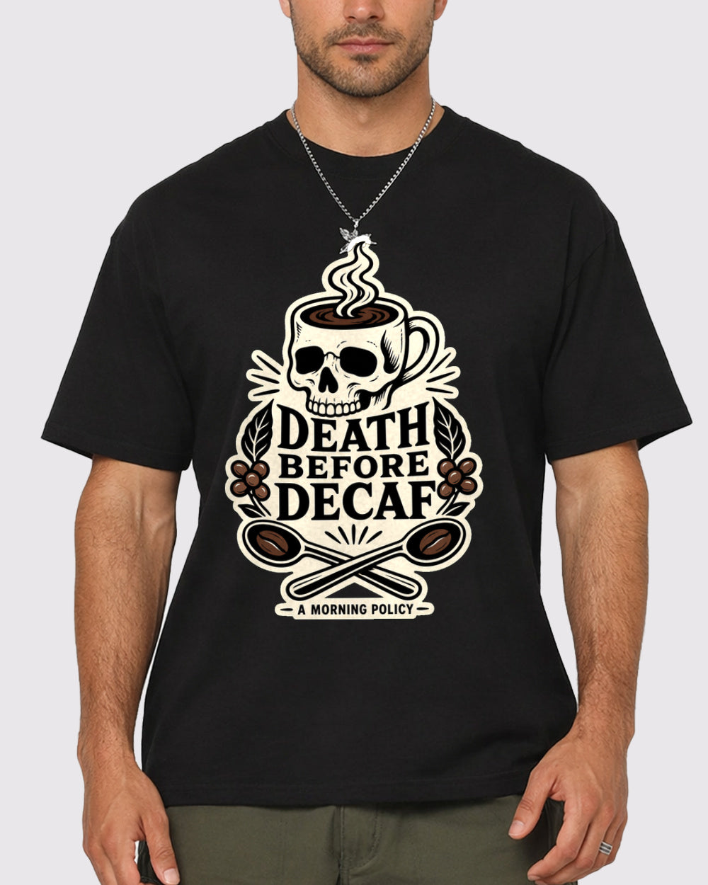 Death Before Decaf a Morning Policy Dark Graphic T-Shirt, primary front view, image 1