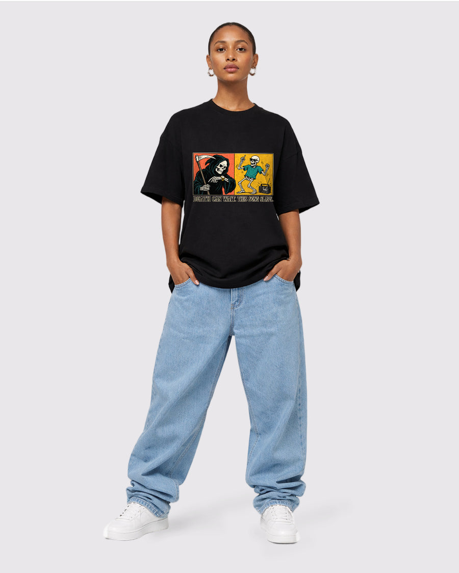 Death Can Wait This Song Slaps Dark Graphic T-Shirt, full body fit view, image 2