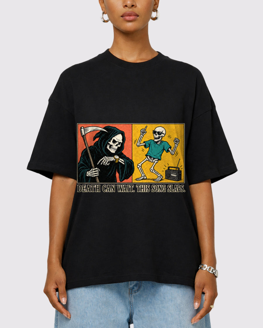 Death Can Wait This Song Slaps Dark Graphic T-Shirt, primary front view, image 1