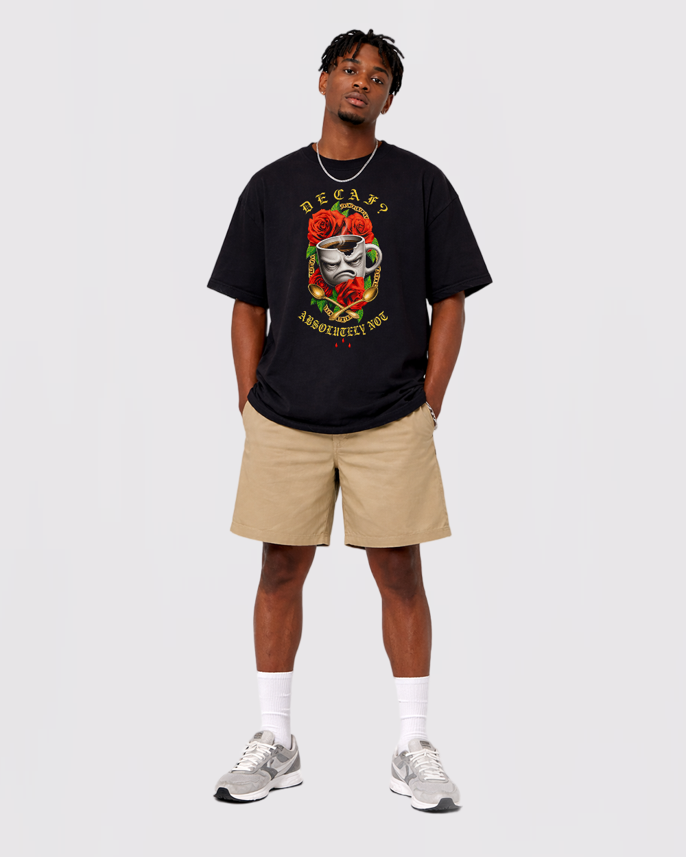 Decaf? Absolutely Not Retro Graphic T-Shirt, full body fit view, image 2
