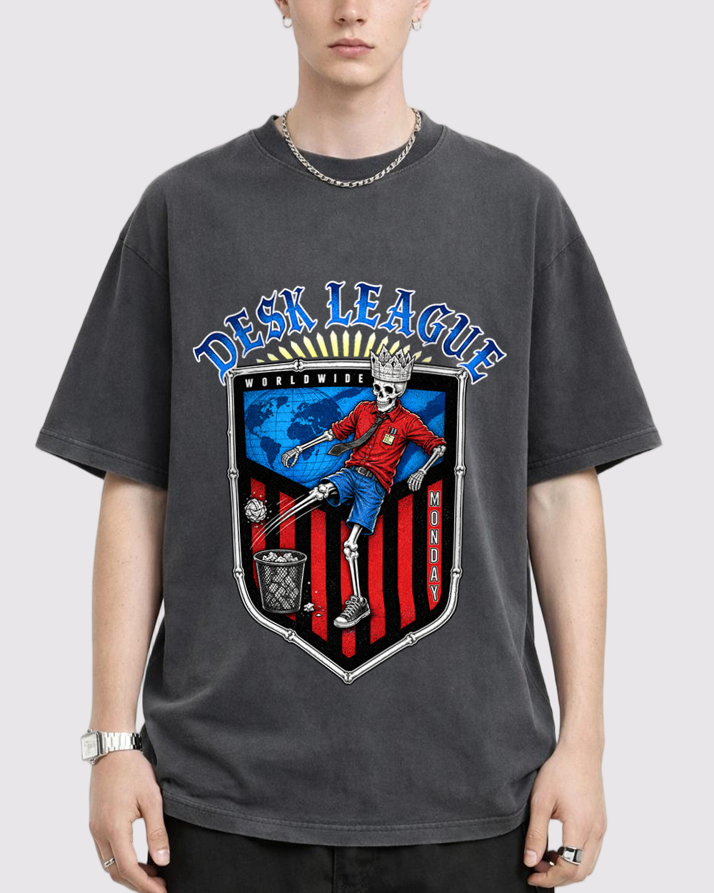 Desk League Monday Retro Graphic T-Shirt, primary front view, image 1