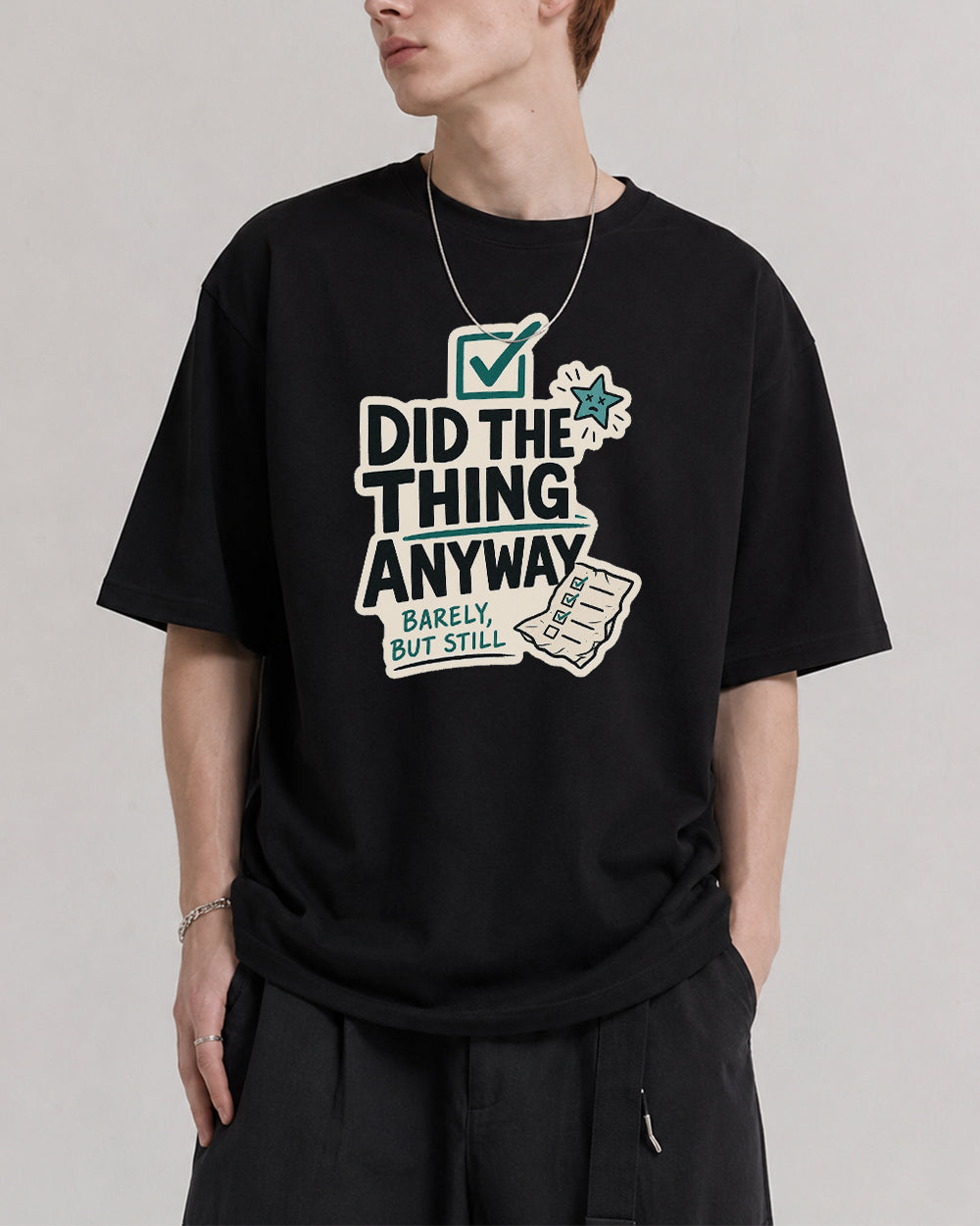 Did The Thing Anyway Pop Culture Graphic T-Shirt in Black, front model view 1