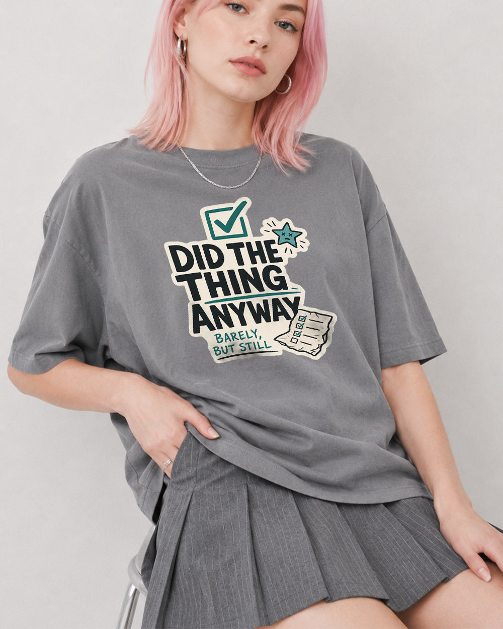 Did The Thing Anyway Pop Culture Graphic T-Shirt in Gray, front model view 3