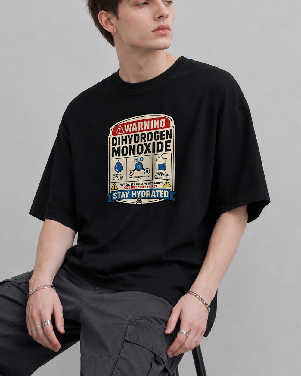 Dihydrogen Monoxide Warning Funny Graphic T-Shirt in Black, front model view 1