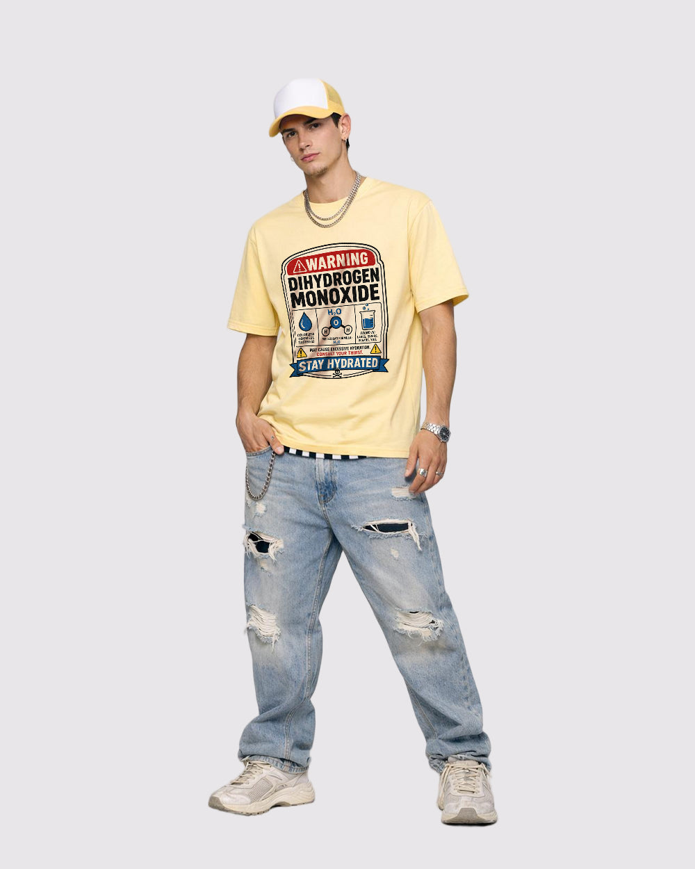 Dihydrogen Monoxide Warning Funny Graphic T-Shirt, full body fit view, image 2