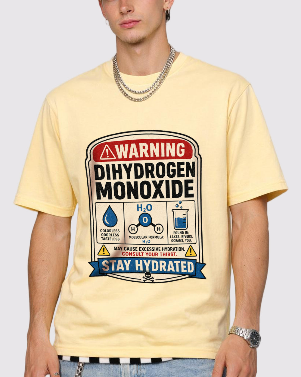 Dihydrogen Monoxide Warning Funny Graphic T-Shirt, primary front view, image 1