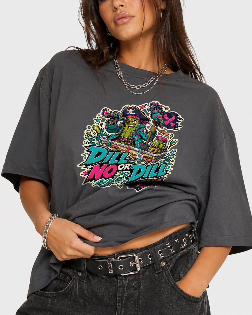 Dill Or No Brine Time Streetwear Graphic T-Shirt in Gray, front model view 3