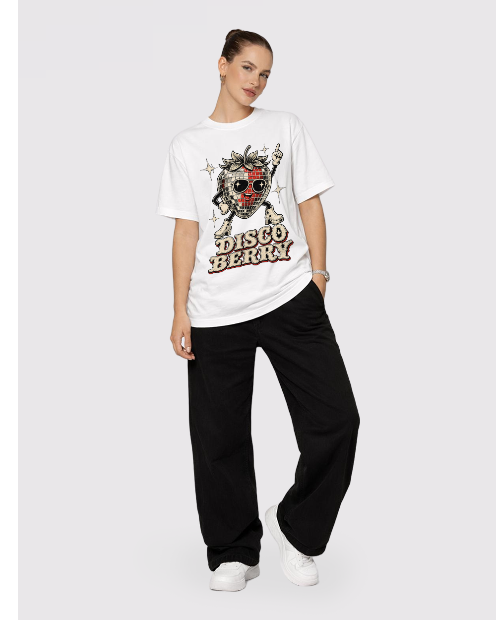 Disco Berry Retro Graphic T-Shirt, full body fit view, image 2