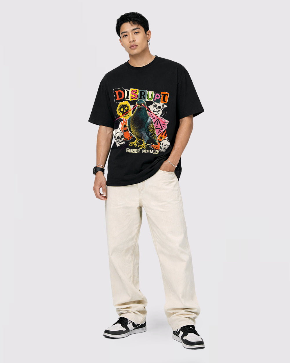 Disrupt, Evil Beware Dark Graphic T-Shirt, full body fit view, image 2