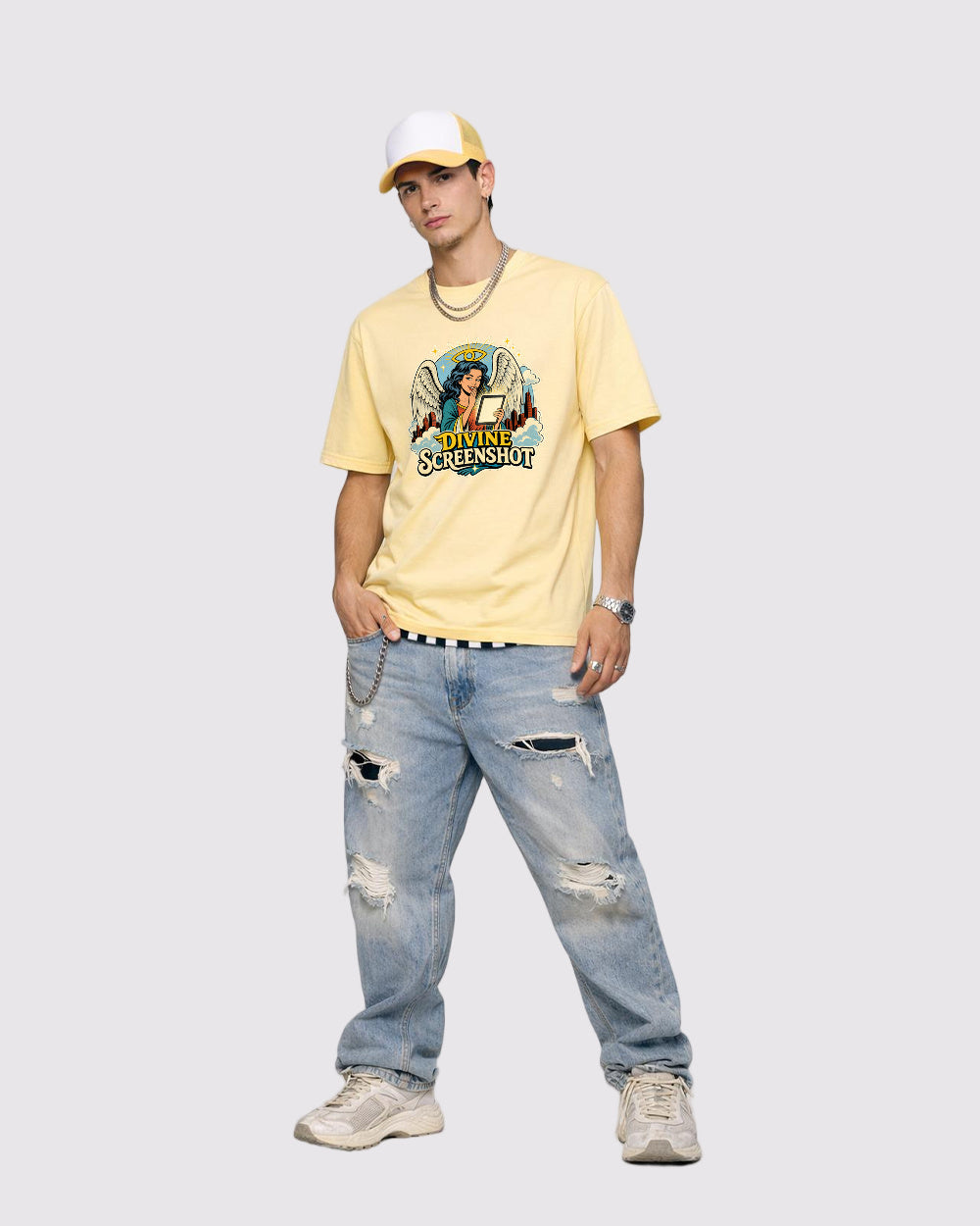 Divine Screenshot Dark Graphic T-Shirt, full body fit view, image 2