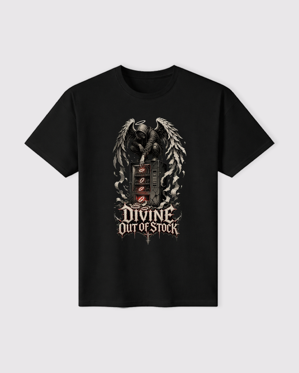 Black Divines Out Of Stock Dark Graphic T-Shirt flat product view, image 14