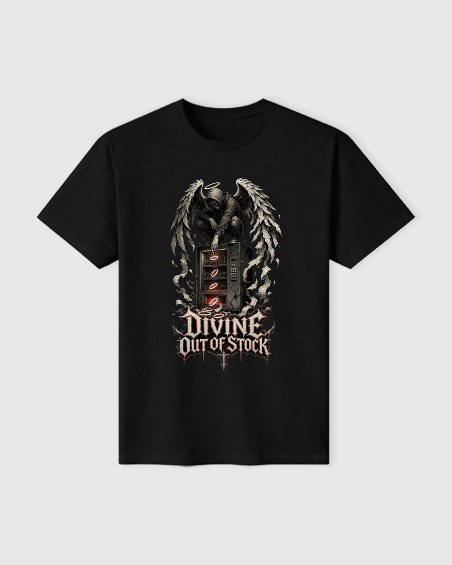 Black Divines Out Of Stock Dark Graphic T-Shirt flat product view, image 14