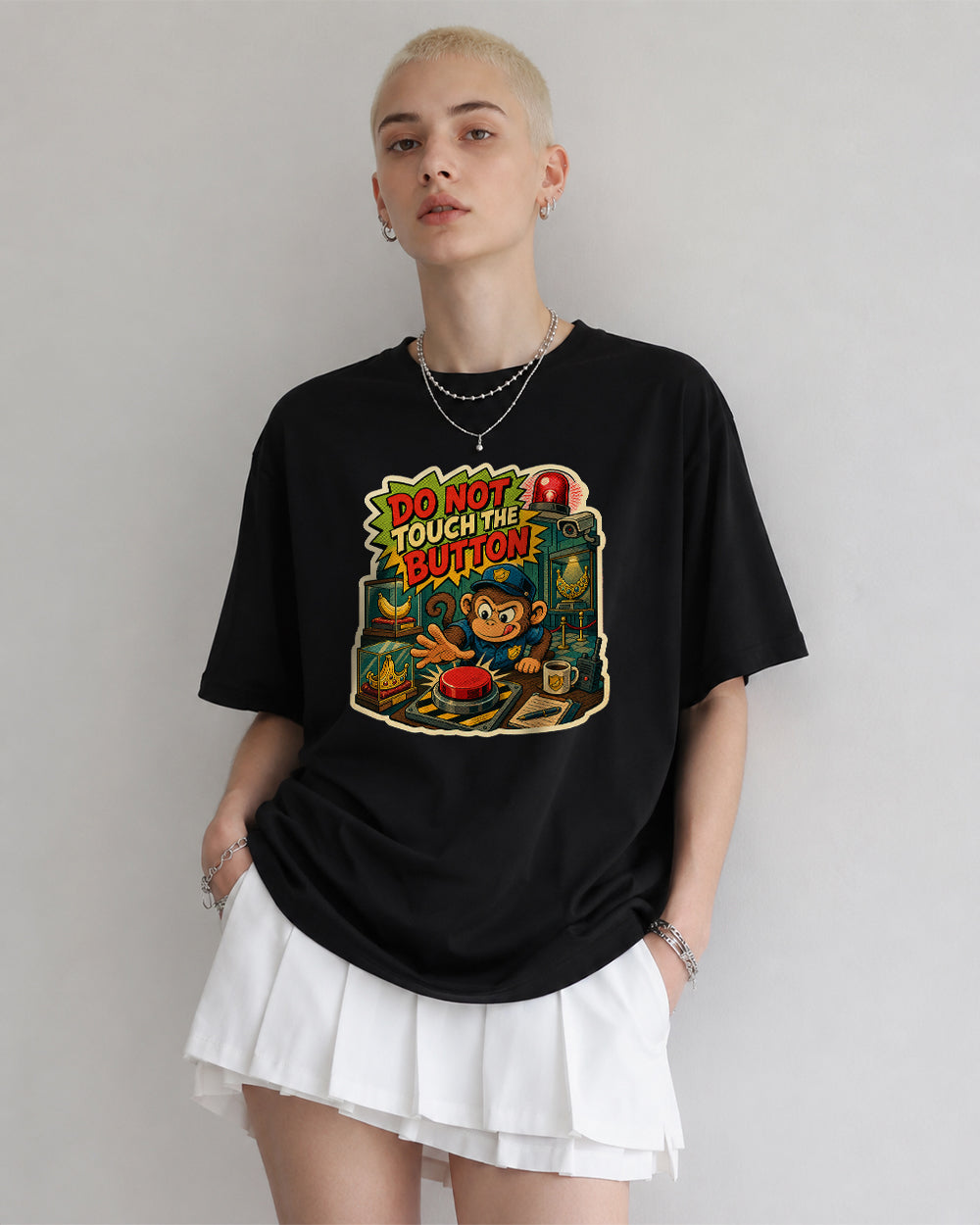 Do Not Touch The Button Gaming Graphic T-Shirt in Black, front model view 1