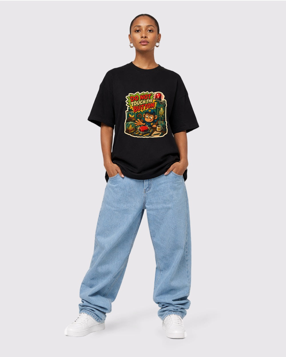 Do Not Touch The Button Gaming Graphic T-Shirt, full body fit view, image 2