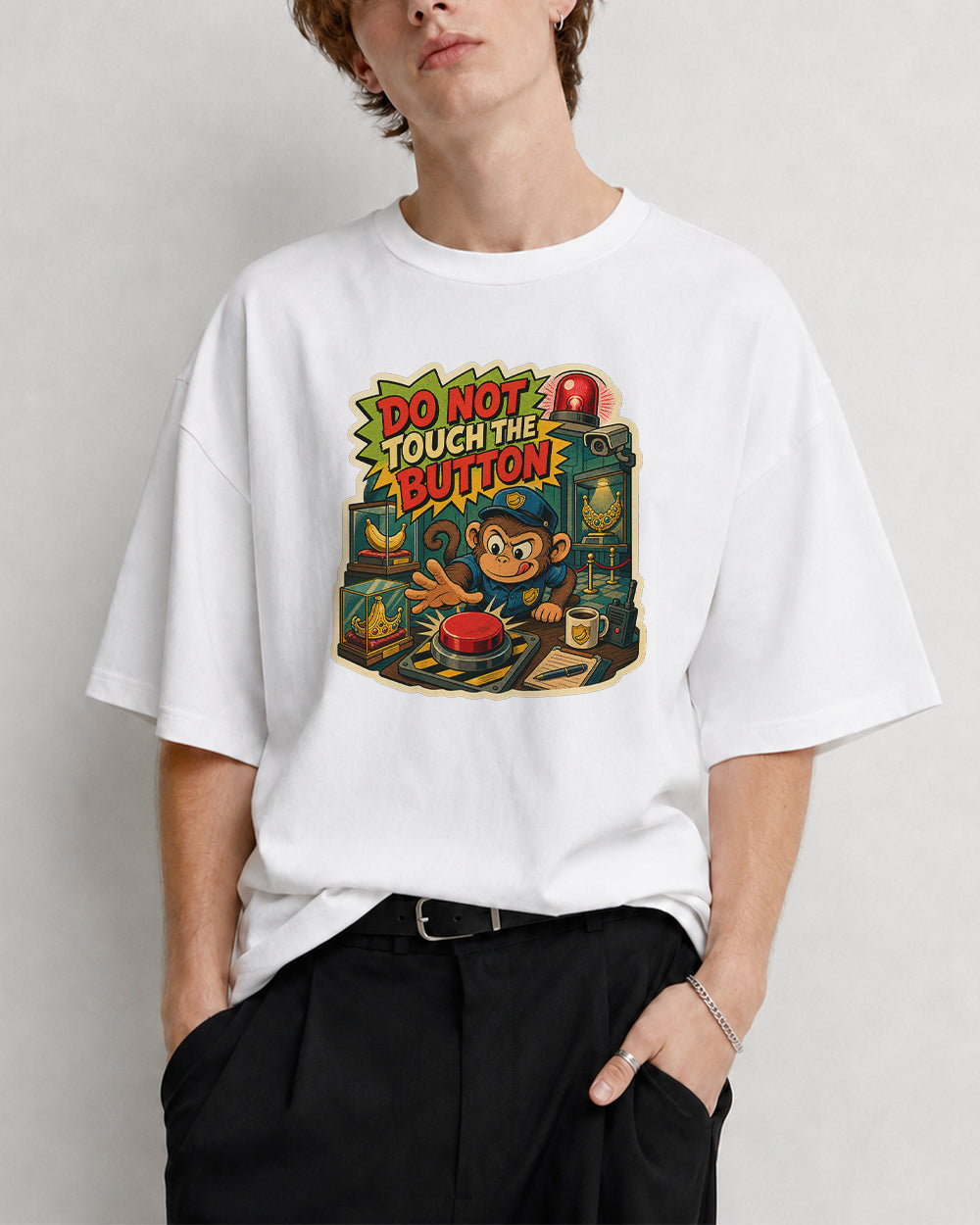 Do Not Touch The Button Gaming Graphic T-Shirt in White, front model view 5