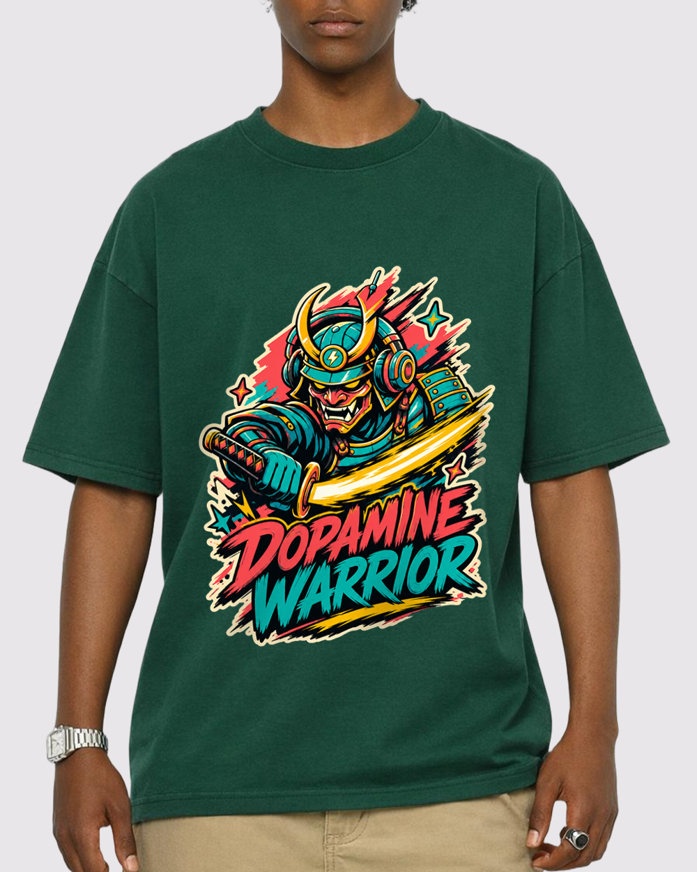 Dopamine Warrior Retro Graphic T-Shirt, primary front view, image 1