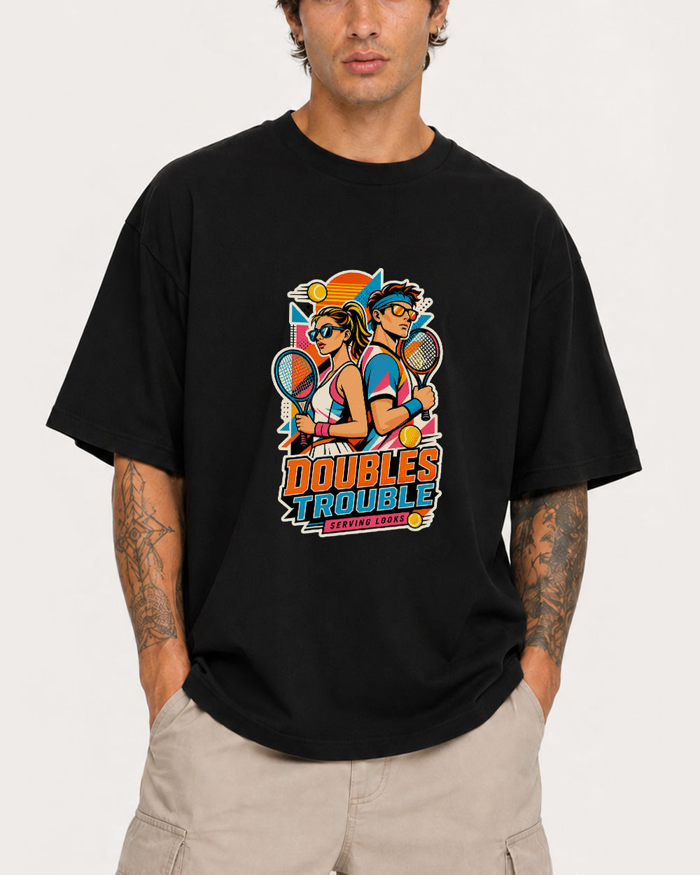 Doubles Trouble Serving Looks Sports Graphic T-Shirt in Black, front model view 1
